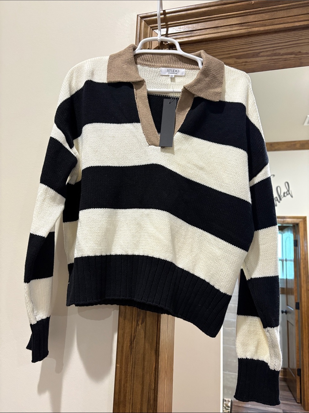 Studio Works Black, Cream & Tan Striped V-Neck Sweater